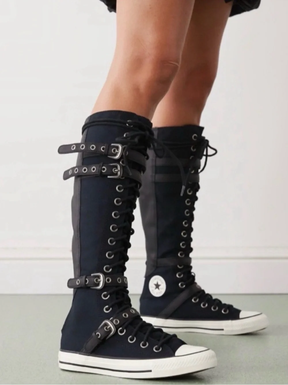 Converse Black Over-the-Knee Lace-Up Canvas Boots with Buckle Straps